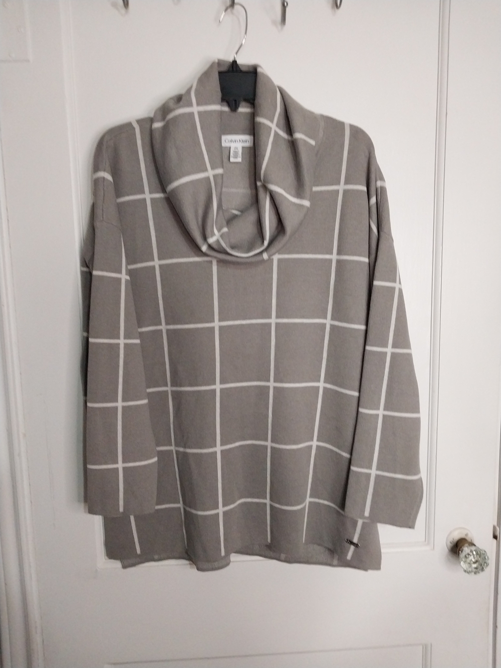 Calvin Klein Wome's Taupe Gray Windowpane Cowl Neck Sweater Size L # Corporate.